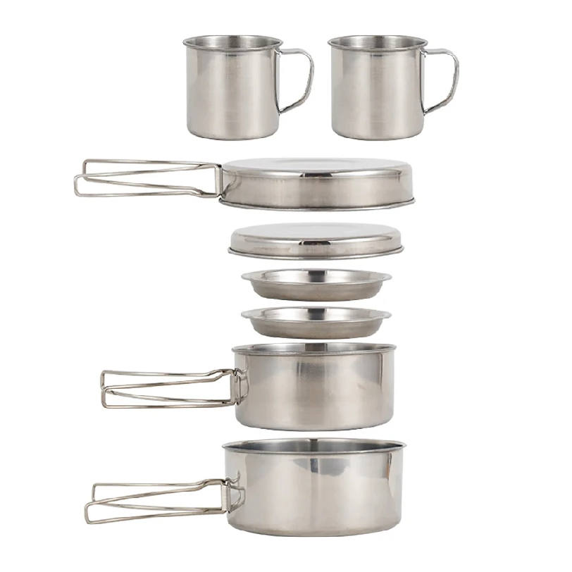 Paella Pan Steel - 8-teiliges Camping-Kochgeschirr-Set aus Edelstahl mit Töpfen,