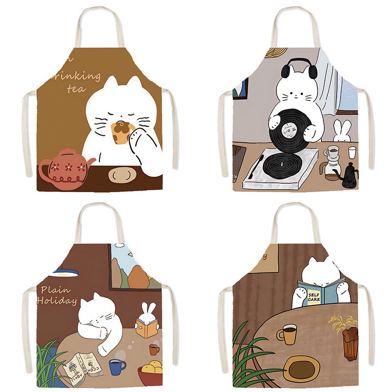 Home Cooking Cafe - Schürze mit süßem weißen Katzenmotiv, gemütliche